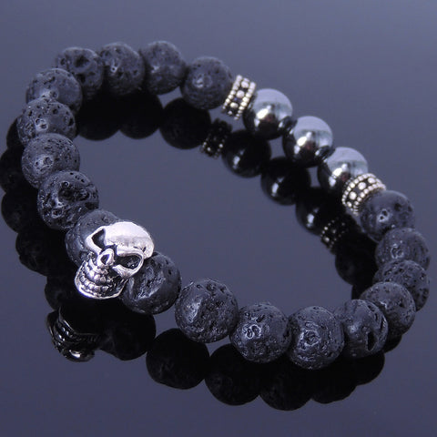 Men's Women Lava Rock Hematite Sterling Silver Skull Bracelet 925 Spacers Gemstone DiyNotion Handmade BR317