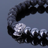 Men's Women Hematite Lava Rock Bracelet 925 Skull & Fleur de Lis Spacer DiyNotion Handmade BR319