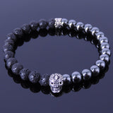 Men's Women Hematite Lava Rock Bracelet 925 Skull & Fleur de Lis Spacer DiyNotion Handmade BR319
