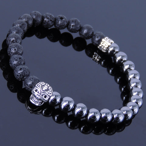 Men's Women Hematite Lava Rock Bracelet 925 Skull & Fleur de Lis Spacer DiyNotion Handmade BR319