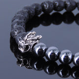 Men's Women Hematite Lava Rock Bracelet 925 Wolf Head & Fleur de Lis Spacer DiyNotion Handmade BR320