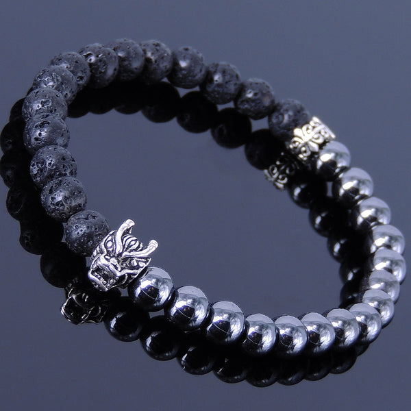 Men's Women Hematite Lava Rock Bracelet 925 Wolf Head & Fleur de Lis Spacer DiyNotion Handmade BR320