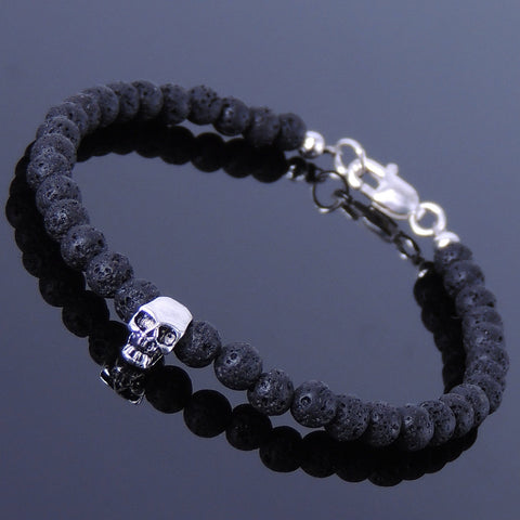 Men's Women Lava Rock Sterling Silver Skull Bracelet  925 Clasp DiyNotion Handmade BR288