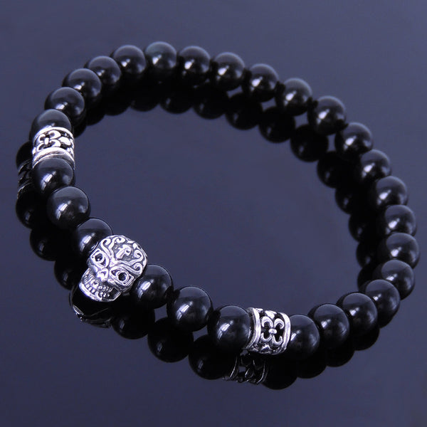 Black Obsidian Bracelet Men Women Gemstone 925 Sterling Silver Skull & Celtic Spacers DiyNotion BR287