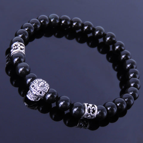 Black Obsidian Bracelet Men Women Gemstone 925 Sterling Silver Skull & Celtic Spacers DiyNotion BR287