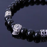 Black Obsidian Bracelet Men Women Gemstone 925 Sterling Silver Skull & Celtic Spacers DiyNotion BR287