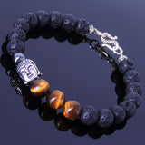 Men's Women Lava Rock Tiger Eye Sterling Silver Bracelet 925 Buddha & Clasp DiyNotion Handmade BR322