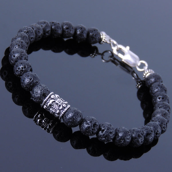 Men's Women Lava Rock Sterling Silver Bracelet 925 Fleur de Lis Bead & Clasp DiyNotion Handmade BR321
