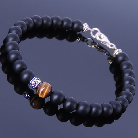 Men's Women Matte Black Onyx Tiger Eye Sterling Silver Bracelet 925 Bead & Clasp Gemstone DiyNotion Handmade BR192
