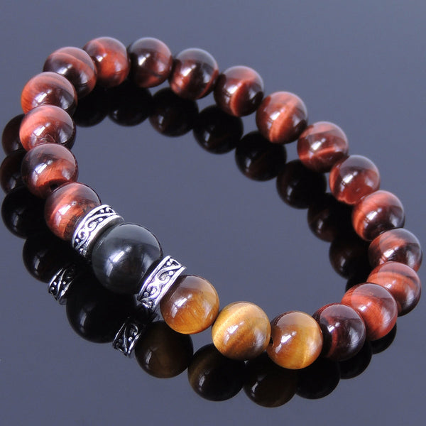 Men's Women Red Brown Tiger Eye Black Obsidian Sterling Silver Bracelet 925 Spacers DiyNotion Handmade BR204