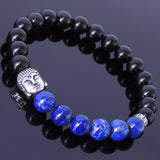 Men/Women Elastic Gemstone Buddhism Bracelet 8mm Black Obsidian Lapis S925 Sterling Silver Buddha DiyNotion BR328