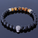 Men's Women Lava Rock Tiger Eye Sterling Silver Bracelet 925 Skull & Spacers DiyNotion Handmade BR325