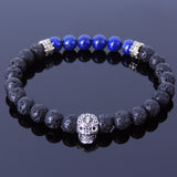 Men's Women Lava Rock Lapis Sterling Silver Bracelet 925 Skull & Spacers DiyNotion Handmade BR326
