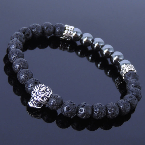 Men's Women Lava Rock Hematite Sterling Silver Bracelet 925 Skull & Spacers DiyNotion Handmade BR327