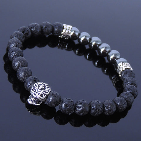 Men's Women Lava Rock Hematite Sterling Silver Bracelet 925 Skull & Spacers DiyNotion Handmade BR327
