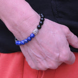 Men/Women Elastic Gemstone Buddhism Bracelet 8mm Black Obsidian Lapis S925 Sterling Silver Buddha DiyNotion BR328