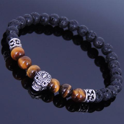 Men's Women Tiger Eye Lava Rock Sterling Silver Skull Bracelet 925 Fleur de Lis DiyNotion Handmade BR331