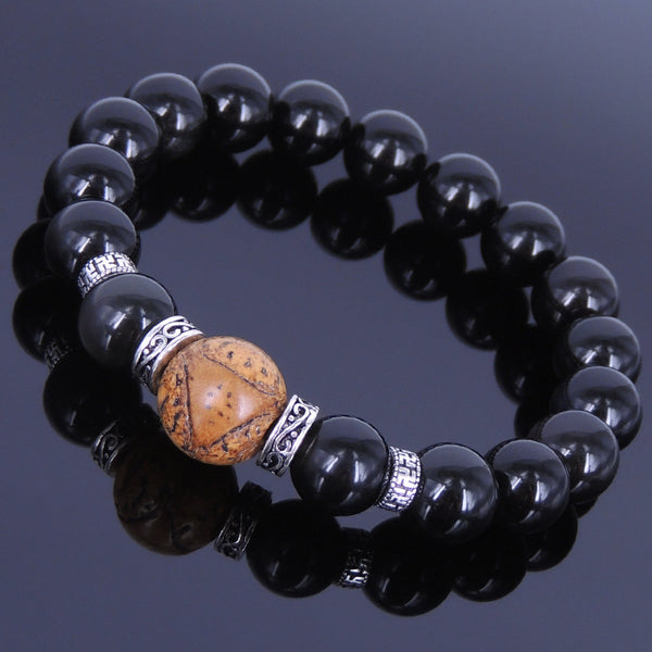 Men's Women Black Obsidian Bodhi Seed Sterling Silver Bracelet 925 Spacer DiyNotion Handmade BR332
