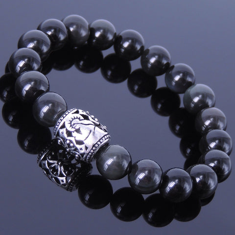 Men's Women Black Obsidian Sterling Silver Bracelet 925 Bead DiyNotion Handmade BR333
