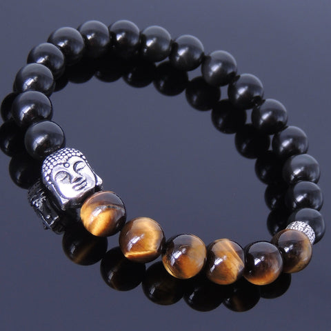 Men's Women Black Obsidian Tiger Eye Sterling Silver Bracelet 925 Buddha DiyNotion Handmade BR329