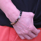 Men's Women Black Obsidian Tiger Eye Sterling Silver Bracelet 925 Buddha DiyNotion Handmade BR329