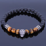 Men's Women Tiger Eye Lava Rock Sterling Silver Skull Bracelet 925 Fleur de Lis DiyNotion Handmade BR331