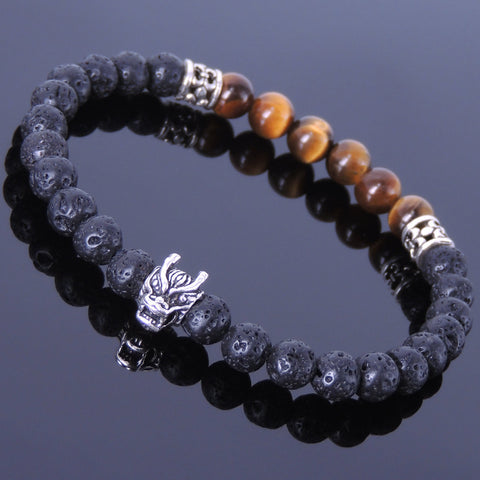 Handmade Men Women Gemstone Bracelet Tiger Eye Lava Rock 925 Sterling Silver Wolf & Spacers DiyNotion BR338