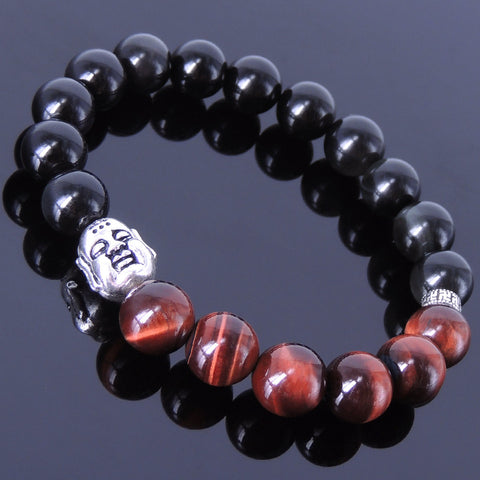 Men Women Black Obsidian Tiger Eye Bracelet Gemstone 925 Sterling Silver Buddha DiyNotion BR181