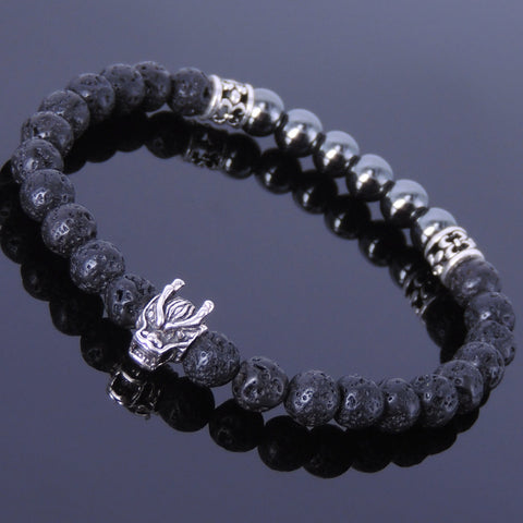 Men's Women Hematite Lava Rock Sterling Silver Bracelet 925 Wolf & Fleur de Lis Spacers DiyNotion Handmade BR339