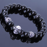 Men's Women Black Obsidian 925 Sterling Silver Skull Bracelet Fleur de Lis Spacers DiyNotion Handmade BR224