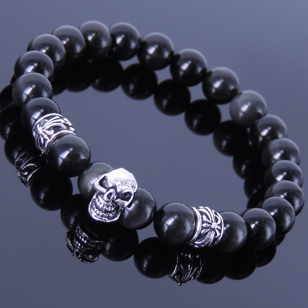 Men's Women Black Obsidian 925 Sterling Silver Skull Bracelet Fleur de Lis Spacers DiyNotion Handmade BR224