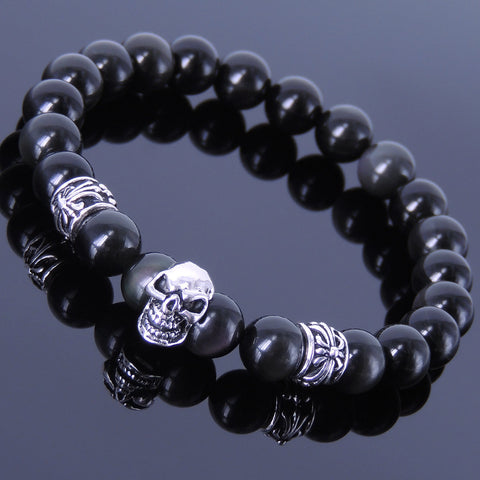 Men's Women Black Obsidian 925 Sterling Silver Skull Bracelet Fleur de Lis Spacers DiyNotion Handmade BR224