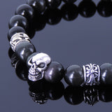 Men's Women Black Obsidian 925 Sterling Silver Skull Bracelet Fleur de Lis Spacers DiyNotion Handmade BR224