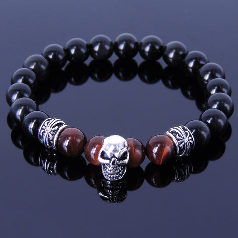 Men's Women Black Obsidian Tiger Eye Sterling Silver Bracelet 925 Skull Fleur de Lis Bead DiyNotion Handmade BR280