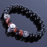Men's Women Black Obsidian Tiger Eye Sterling Silver Bracelet 925 Skull Fleur de Lis Bead DiyNotion Handmade BR280