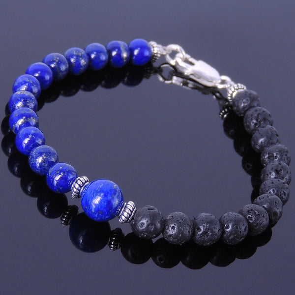 Men's Women Lapis Lava Rock Sterling Silver Bracelet 925 Spacer & Clasp DiyNotion Handmade BR335