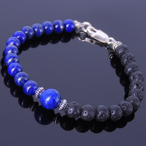 Men's Women Lapis Lava Rock Sterling Silver Bracelet 925 Spacer & Clasp DiyNotion Handmade BR335