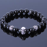 Men's Women Black Obsidian 925 Sterling Silver Skull Bracelet Fleur de Lis Spacers DiyNotion Handmade BR224