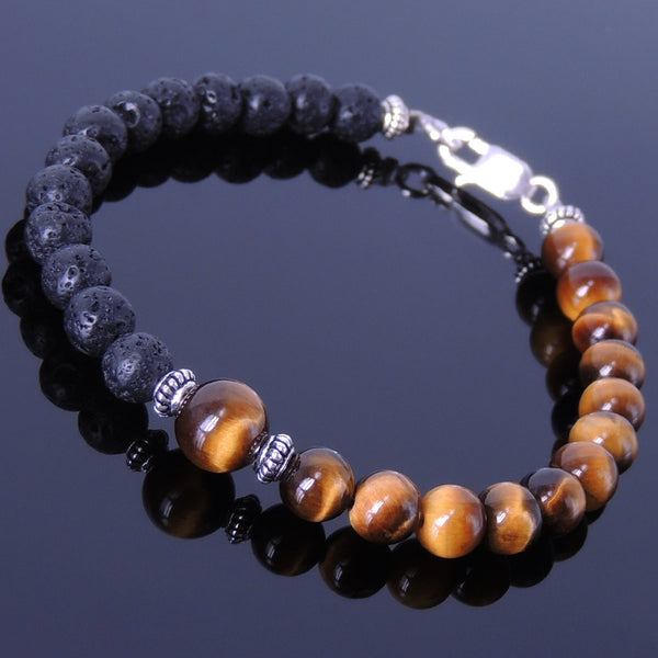 Men's Women Tiger Eye Lava Rock Sterling Silver Bracelet 925 Spacer & Clasp DiyNotion Handmade BR336