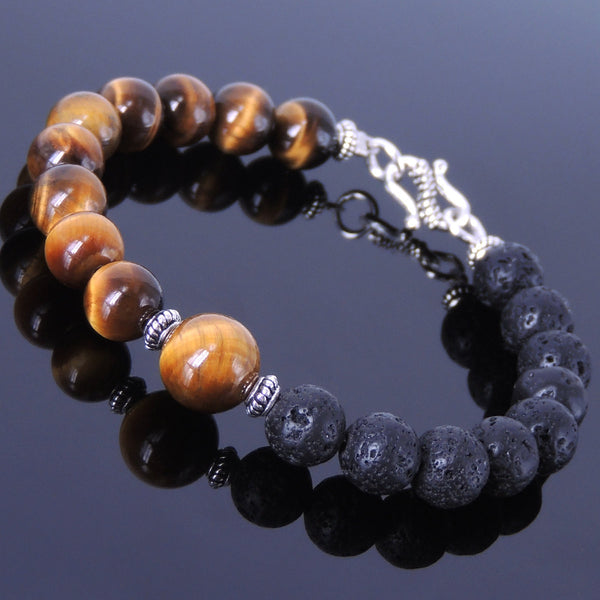 Men's Women Brown Tiger Eye Lava Rock Sterling Silver Bracelet 925 Spacer & Clasp DiyNotion Handmade BR340