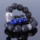 Men/Women Gemstone Bracelet Lapis Lava Rock 925 Sterling Silver Skull & Cross Spacers DiyNotion BR341