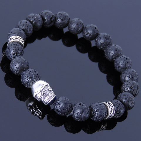 Men's Women Lava Rock Bracelet 925 Sterling Silver Skull & Spacers DiyNotion Handmade BR342