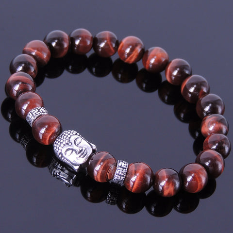 Men's Women Red Tiger Eye 925 Sterling Silver Bracelet Buddha Buddhism Mantra Spacers DiyNotion Handmade BR343E