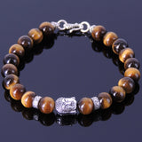 Men's Women Tiger Eye Sterling Silver Bracelet 925 Buddha Buddhism Mantra Spacers Clasp Handmade DiyNotion BR344