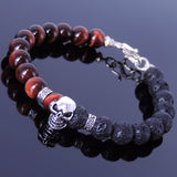 Men's Women Red Tiger Eye Lava Rock Sterling Silver Skull Bracelet 925 Spacers Clasp DiyNotion Handmade BR345