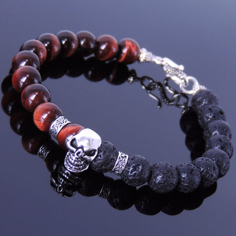 Men's Women Red Tiger Eye Lava Rock Sterling Silver Skull Bracelet 925 Spacers Clasp DiyNotion Handmade BR345