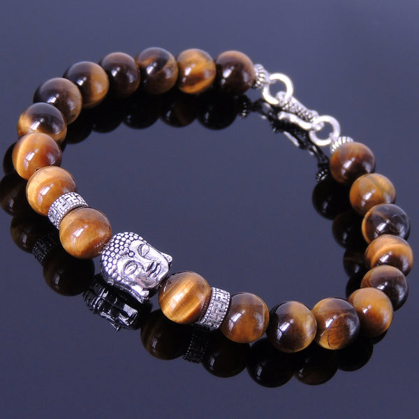 Men's Women Tiger Eye Sterling Silver Bracelet 925 Buddha Buddhism Mantra Spacers Clasp Handmade DiyNotion BR344