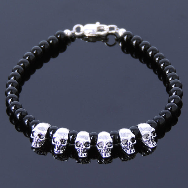 Handmade Men Women Gemstone Bracelet Black Onyx 925 Sterling Silver Skull Bead Clasp DiyNotion BR347