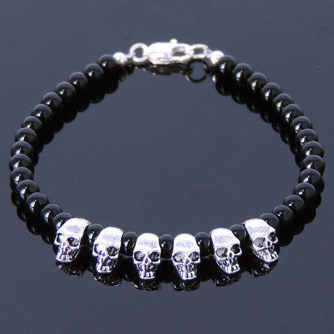 Handmade Men Women Gemstone Bracelet Black Onyx 925 Sterling Silver Skull Bead Clasp DiyNotion BR347