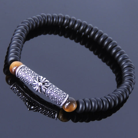 Men's Women Matte Black Onyx Tiger Eye Sterling Silver Bracelet Cross Charm DiyNotion Handmade BR128